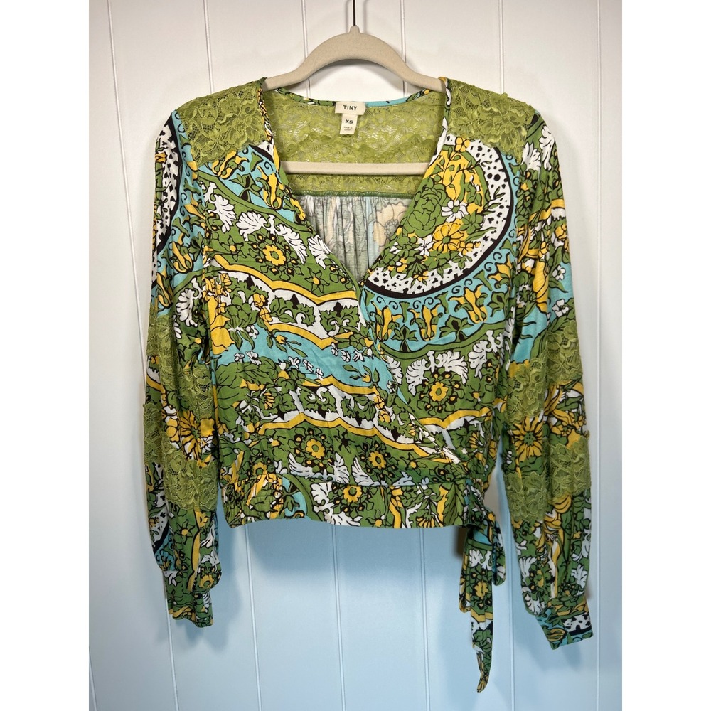 Anthropologie Tiny Floral‎ Print Wrap Blouse Long Sleeve Green Yellow XS